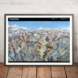 Ancienne carte panoramique du parc national de Yosemite par Berann, 1989 : El Capitan, Half Dome, Glacier Pt, lac Mono, col de Tioga 