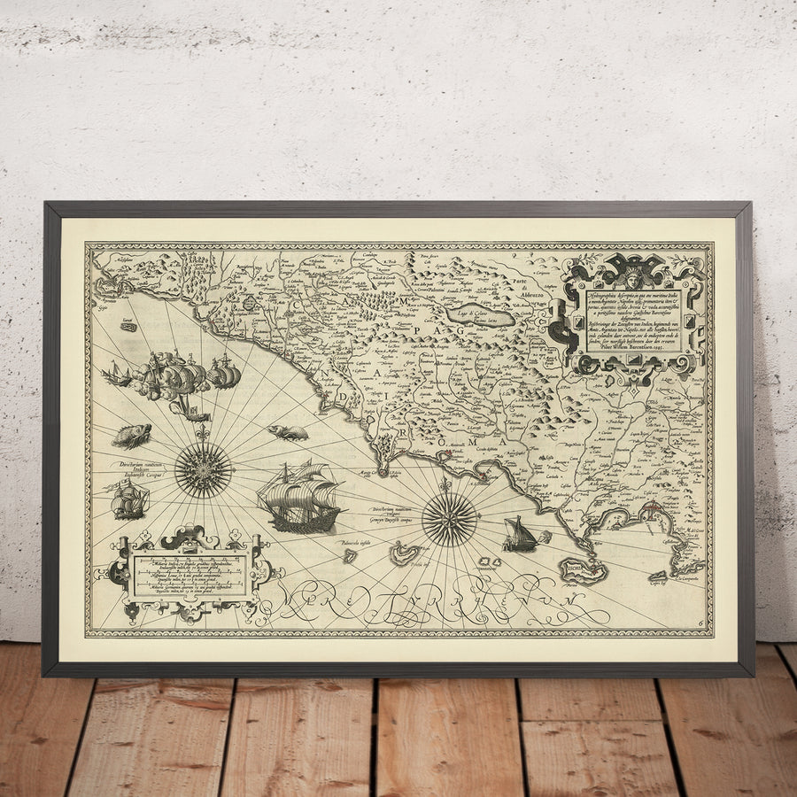 Prima mappa della costa mediterranea italiana di Barentsz, 1595: Napoli, Roma, Capri, Sorrento, Gaeta, Ischia 