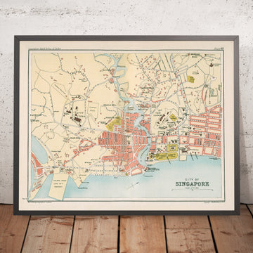 Mapa antiguo de Singapur de Bartholomew, 1893: Singapore River, Ft Canning, Little India, Chinatown, Kampong Glam 