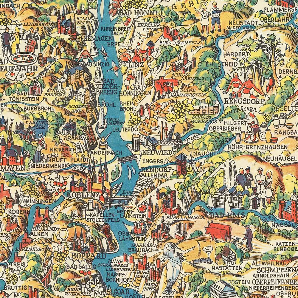 Old Pictorial Map of Germany by Faller, 1950: Rhine River Basin, Castles, Cologne, Düsseldorf