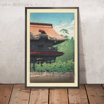 A framed image of Kenchoji Temple in Kamakura by Hasui Kawase 1935