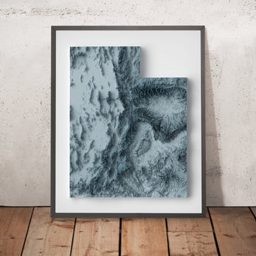 A framed image of a 3D style topographic relief map ofUtah