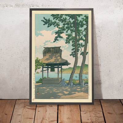 A framed image of Shinto Shrine and Lake by Hasui Kawase, 1935