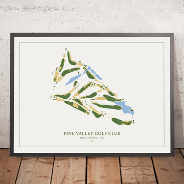 A framed image of Pine Valley Golf Club in the style of a simple and modern golf course map