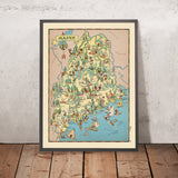 Mapa pictórico de Maine de Ruth Taylor White, 1935: Portland, Bangor, madera, pesca de langosta, Katahdin 