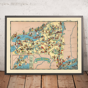 Mappa Pittorica di New York di Ruth Taylor White, 1935: NYC, Cascate del Niagara, Adirondacks, Canale Erie, Fiume Hudson 