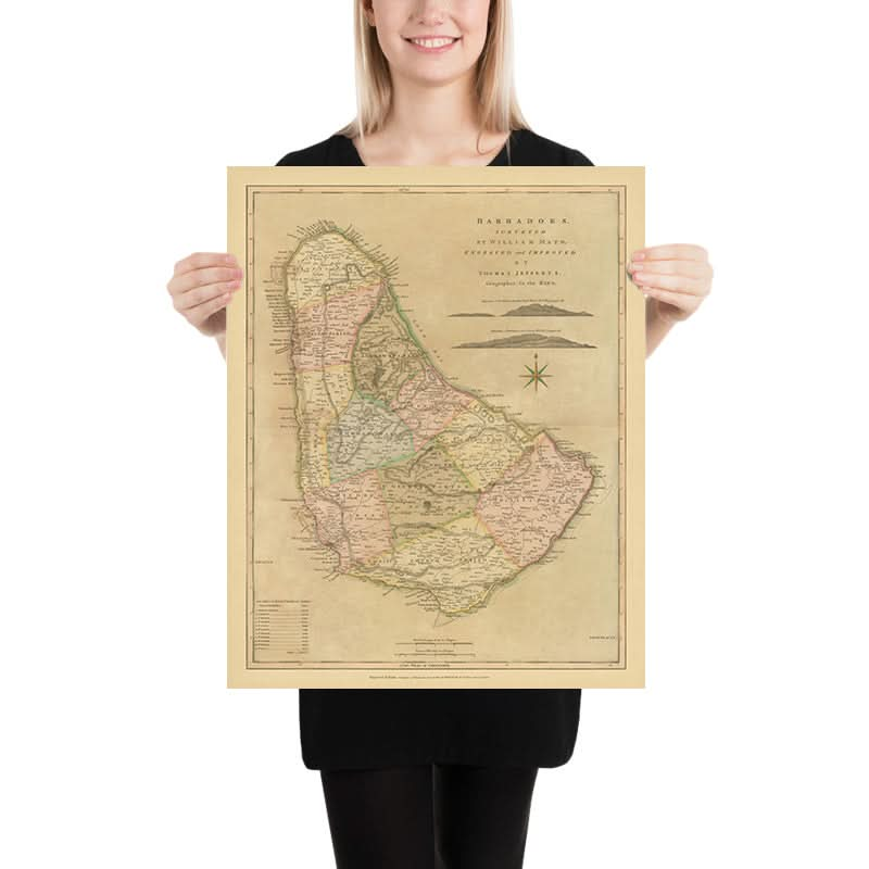 Mapa antiguo de Barbados de Mayo, 1810: Bridgetown, Speightstown, parroquias, fuertes, rosa de los vientos