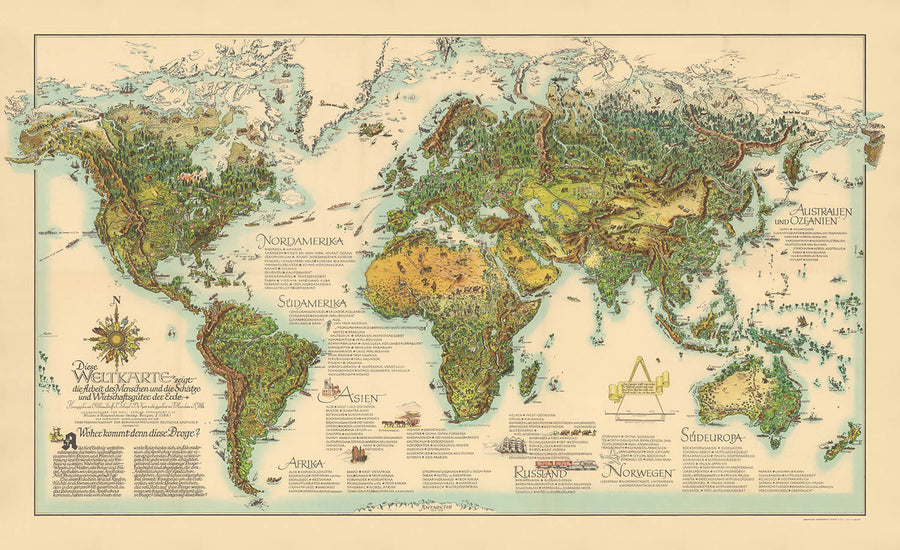 Mappa del mondo tedesca in stile fantasy post-Seconda Guerra Mondiale di Wommelsdorff, 1950 