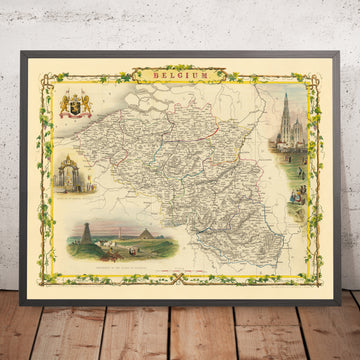 Mappa antica del Belgio di Tallis, 1851: Bruxelles, Anversa, Gand, Waterloo, Cattedrale di Anversa 