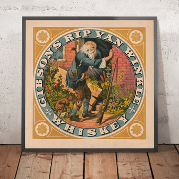 A framed image of Gibson’s Rip Van Winkle Vintage Whiskey Poster, 1882