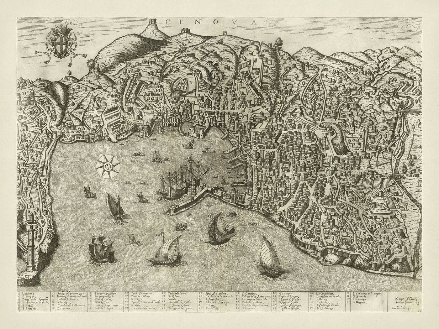 Mapa pictórico antiguo de Génova de Duchetti, 1584: puerto, linterna, acueductos, barcos, escudo de armas