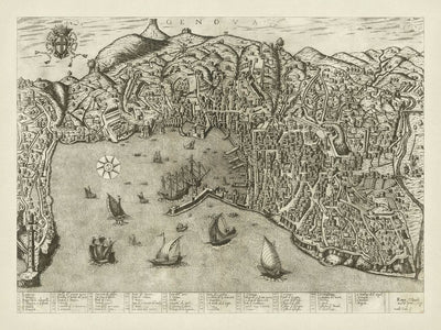 Mapa pictórico antiguo de Génova de Duchetti, 1584: puerto, linterna, acueductos, barcos, escudo de armas