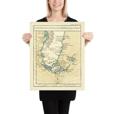 Old Map of Patagonia & Straits of Magellan by Bellin, 1764: Andes, Cape Horn, Islas Malvinas (Falklands)