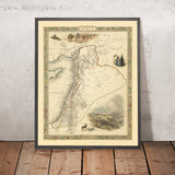 Mapa antiguo de Siria y Chipre de John Tallis, 1851: Palestina, Líbano, Damasco, Jerusalén, Beirut, Nicosia 