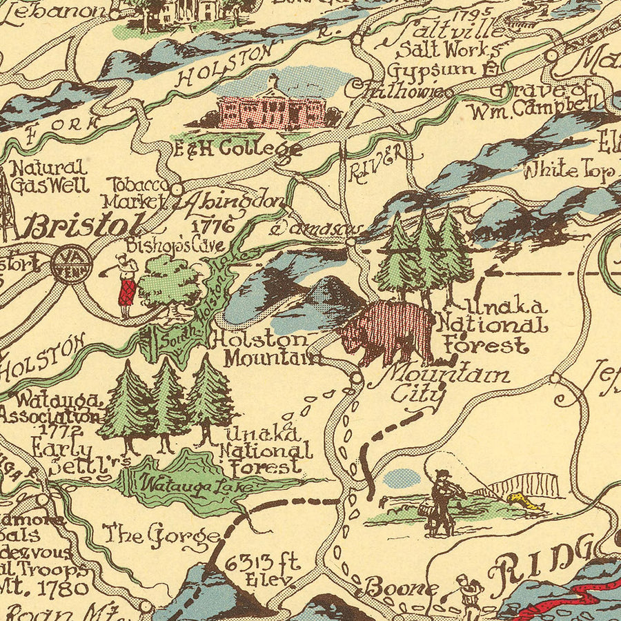 Mappa antica della regione degli Appalachi di Kearfott, 1950: Sentiero degli Appalachi, Cumberland Gap, Grandi Monti Smoky, Winston Salem 