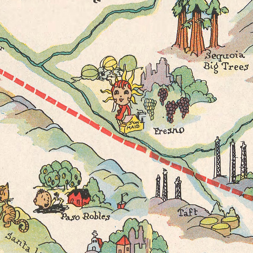Old Pictorial Map of San Francisco–Los Angeles Air Route, 1929: Yosemite, Lake Tahoe, Monterey Bay, Grapevine Pass, Central Valley