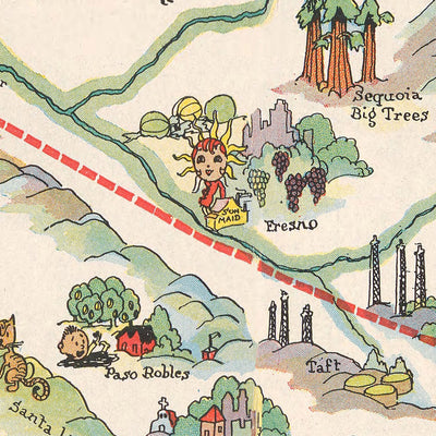 Old Pictorial Map of San Francisco–Los Angeles Air Route, 1929: Yosemite, Lake Tahoe, Monterey Bay, Grapevine Pass, Central Valley