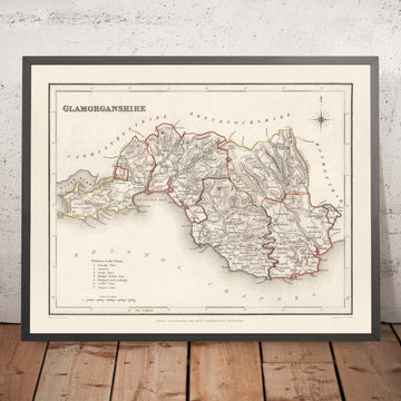 Antica mappa del Glamorgan, Galles, di Creighton, 1844: Cardiff, Swansea, Merthyr, Gower, Taff Vale Railway 