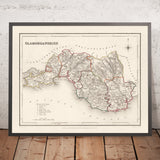 Ancienne carte du Glamorgan, Pays de Galles par Creighton, 1844 : Cardiff, Swansea, Merthyr, Gower, chemin de fer de la vallée de la Taff 