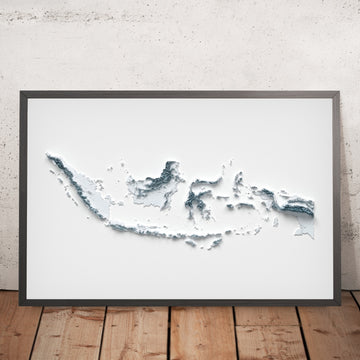 Una imagen enmarcada de un mapa topográfico en relieve estilo 3D de Indonesia