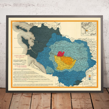 Vecchia Mappa del Vino di Cognac di Bidoit, 1938: Bordeaux, La Rochelle, Classificazioni dei Cru, Ferrovie 