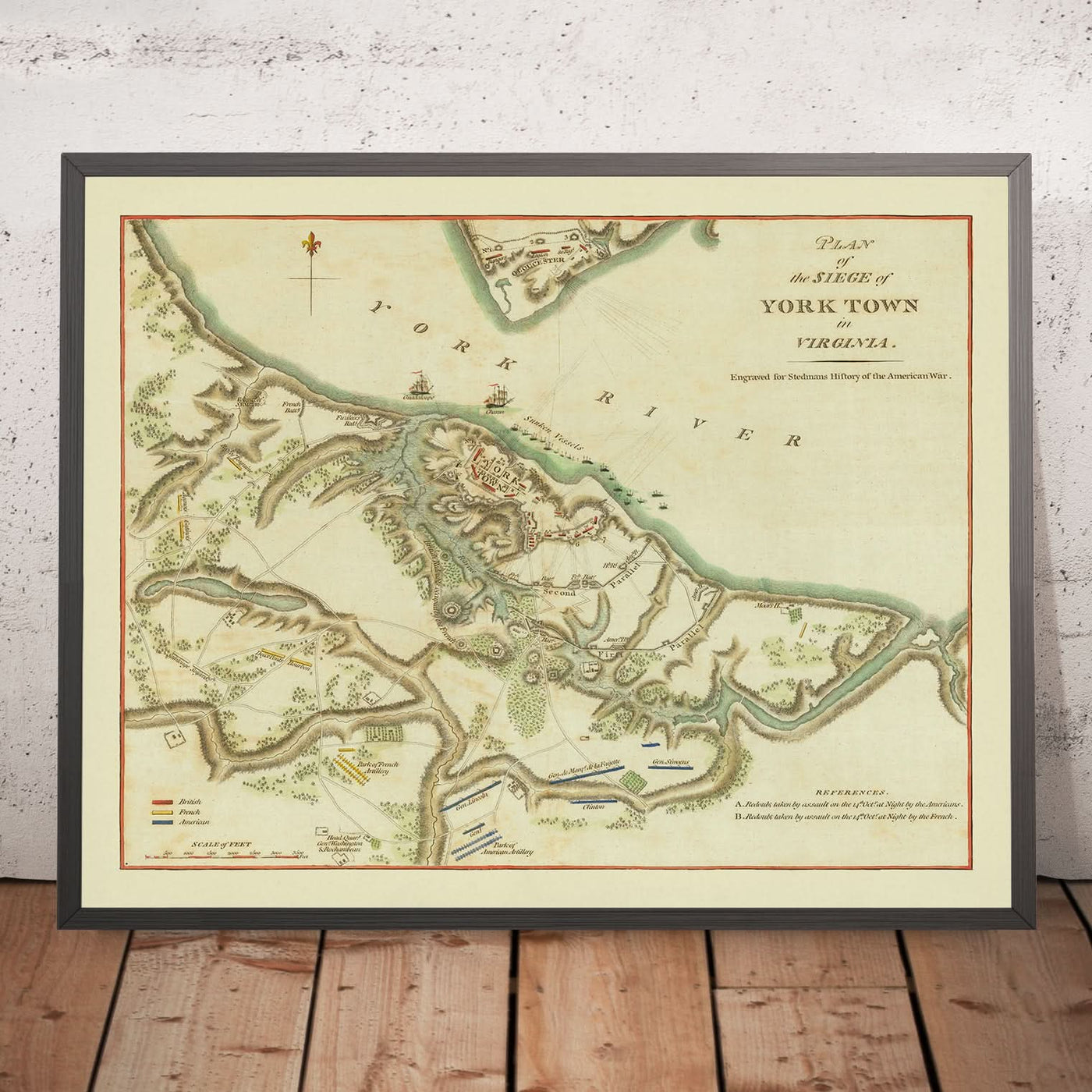 Alte Militärkarte der Belagerung von Yorktown durch Stedman, 1793: Yorktown, Gloucester, Redoubts 9 und 10, Französische Flotte, Washington