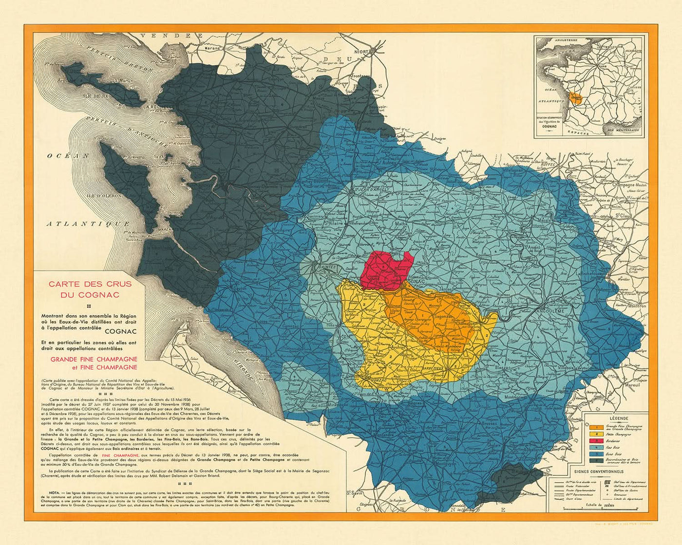 Old Wine Map of Cognac by Bidoit, 1938: Bordeaux, La Rochelle, Cru Classifications, Railways