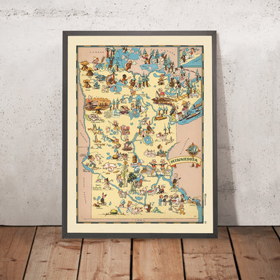 Pictorial Map of Minnesota by Ruth Taylor White, 1935: Minneapolis, Saint Paul, Duluth, Land of 10,000 Lakes, Timber Industry