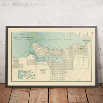 Mappa della città vecchia di Vancouver di Cram, 1895: Stanley Park, Hastings Park, False Creek, Burrard Inlet, English Bay 