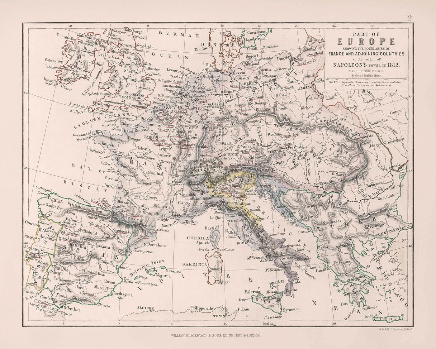 Alte Militärkarte des napoleonischen Europas von Johnston, 1812: Paris, Wien, Rom, Schlachten, Feldzüge