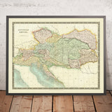 Ancienne carte de l'Empire autrichien par Teesdale, 1834 : Bohême, Galicie, Slovénie, Croatie, Alpes 