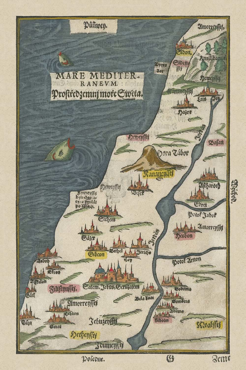 Ancienne carte d'Israël par Bunting, 1592 : Jérusalem, Gaza, le Jourdain, le mont Thabor, la mer Méditerranée