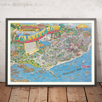 Alte bildhafte Karte von Monterey, Kalifornien von Gilliland, 1988: Cannery Row, Waterfront, Wave St, Foam St, Steinbeck 