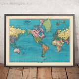 Alte Weltkarte mit auf Amerika zentriertem Bild der Welt, 1897: Mercator-Projektion, Zeitzonen, farbenfroh 