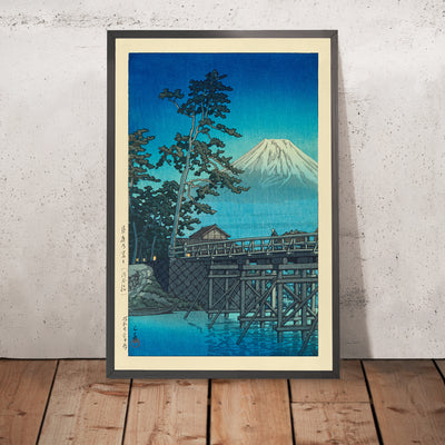 A framed image of Mt. Fuji in Moonlight, Kawai Bridge by Hasui Kawase, 1935
