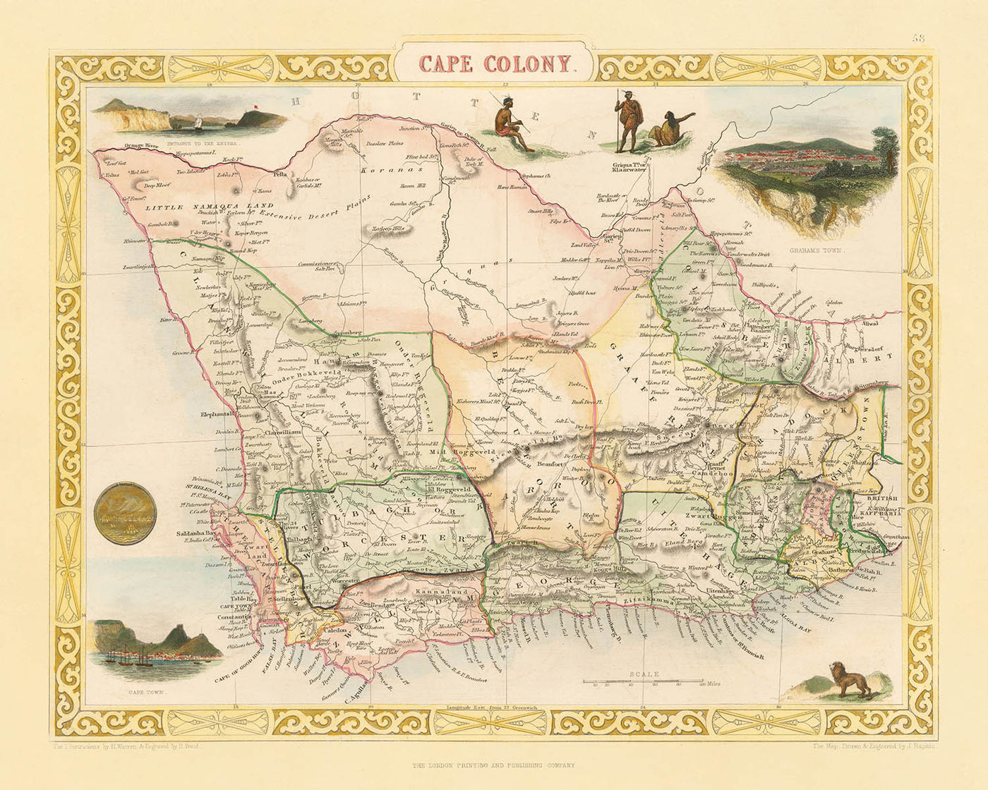 Old Map of Cape Colony (South Africa) by Tallis, 1851: Cape Town, Table Mountain, Knysna, Algoa Bay, Great Karroo