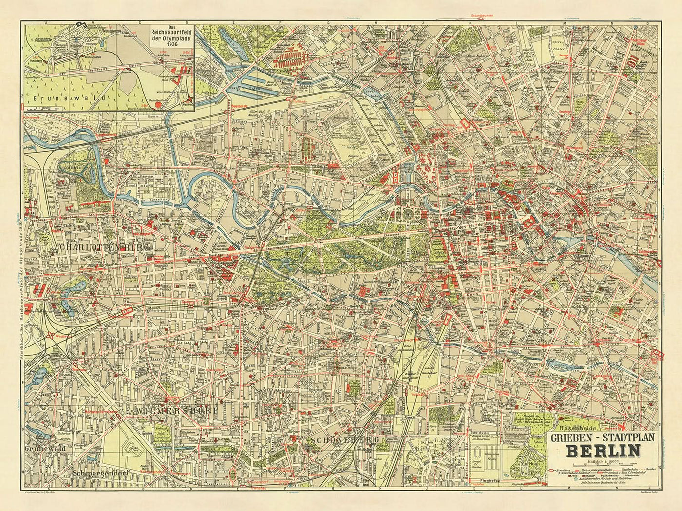 Ancienne carte de Berlin par Stilke, 1936 : Stade olympique, Grunewald, Tiergarten, Kurfürstendamm, Unter den Linden.