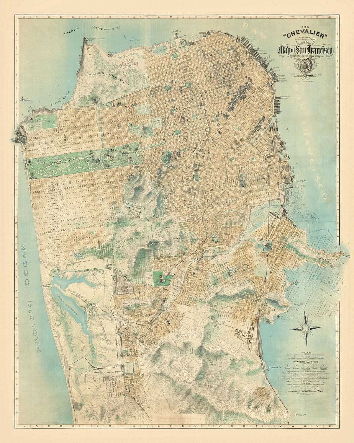 Mapa ilustrado antiguo de San Francisco realizado por Chevalier en 1911: Golden Gate Park, Presidio, Ingleside, Lake Merced, Union Iron Works