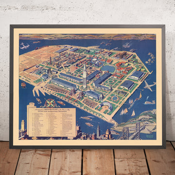 Old Map of Treasure Island & the Golden Gate International Exposition, 1939: Tower of the Sun, Court of the Seven Seas, California Building, Bay Bridge, San Francisco