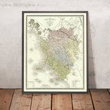 Antiguo mapa geométrico de la Toscana de Marmocchi, 1839: Florencia, Pisa, Livorno, Siena, Arezzo 
