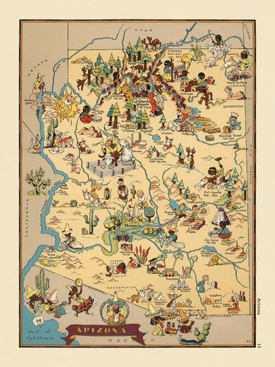 Pictorial Map of Arizona by Ruth Taylor White, 1935: Grand Canyon, Phoenix, Tucson, Painted Desert, Petrified Forest