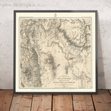 Antiguo mapa topográfico del Gran Cañón de Wheeler, 1878: Black Cyn., Virgin R., Camp Mohave, Needles, río Colorado. 