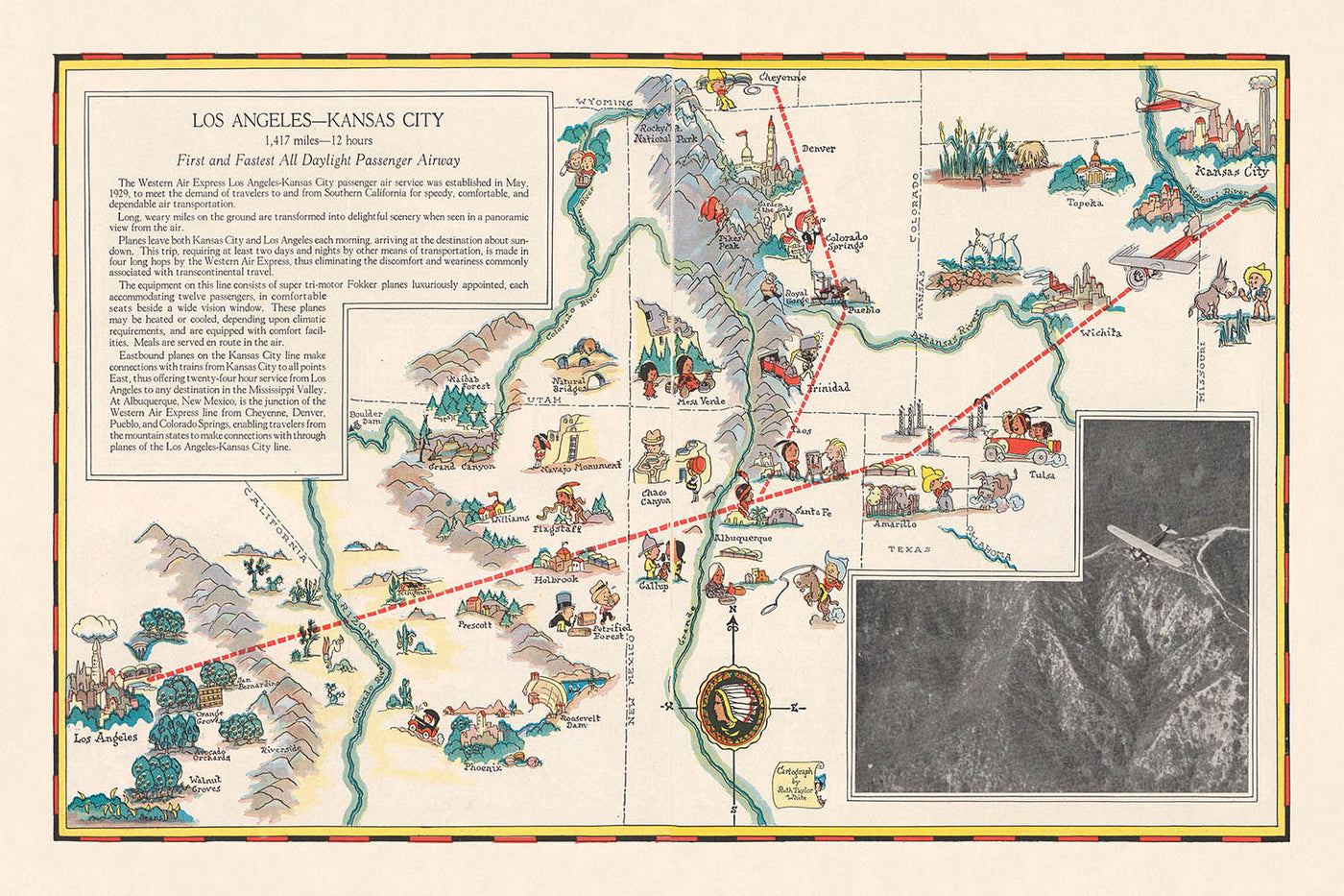 Pictorial Map of the Los Angeles–Kansas City Air Route, 1929: Grand Canyon, Rocky Mountains, Western Air Express