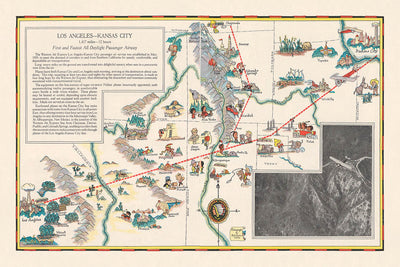 Pictorial Map of the Los Angeles–Kansas City Air Route, 1929: Grand Canyon, Rocky Mountains, Western Air Express