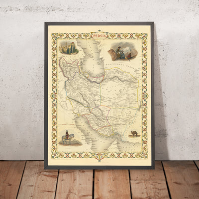 Old Map of Iran by Tallis, 1851: Persia, Tehran, Isfahan, Caspian Sea, Elburz & Zagros Mountains