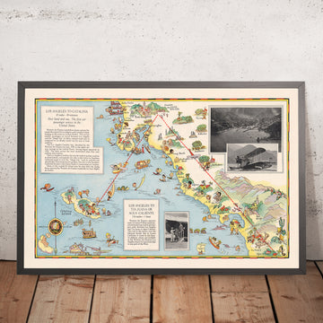 Pictorial Map of Los Angeles to Catalina Airline Route, 1929: Western Air Express, Casino Resort, Tri-Motored Fokker, Santa Monica, Pasadena