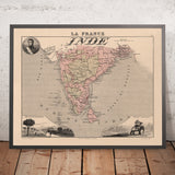 Ancienne carte de "l'Inde française" par Vuillemin, 1869 : Enclaves françaises, Pondichéry, Chandannagar, Mahé, baie du Bengale 