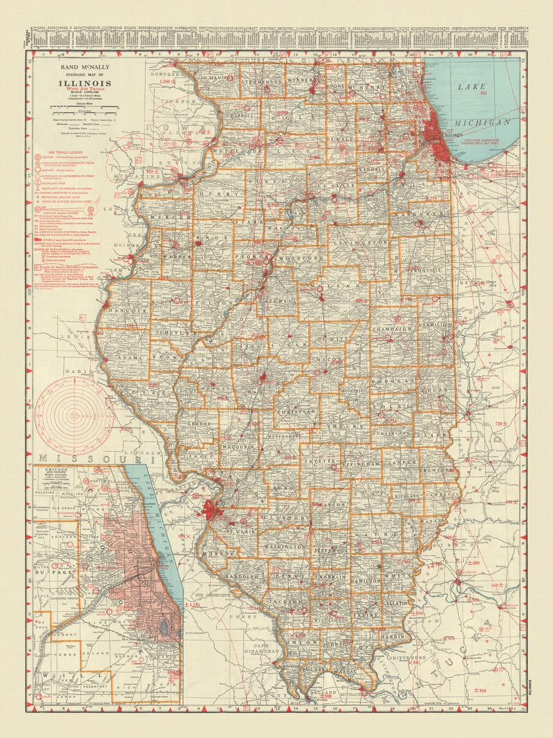 Springfield California Map Old Aviation Map of Illinois, 1930: Chicago, Springfield, air trails ...