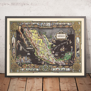 Antigua Mapa de México, 1939: Ciudad de México, Catedral, Océano Pacífico, Exploradores 