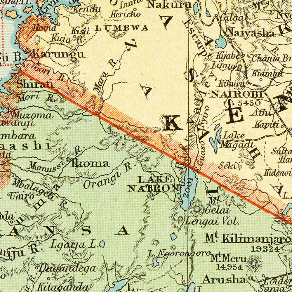 Old Colonial Map of Kenya, Uganda, Rwanda & Tanzania by Edward Stanford, 1926: Nairobi, Kampala, Lake Victoria, Kilimanjaro, Uganda Railway